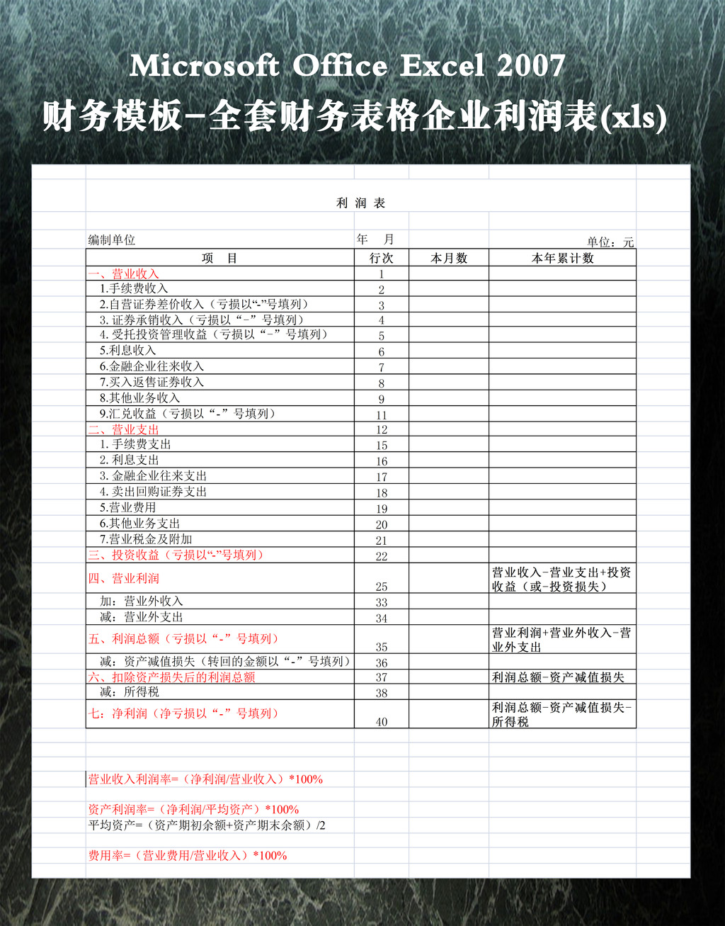 财务模板4-全套财务表格利润表4(xls)模板下载