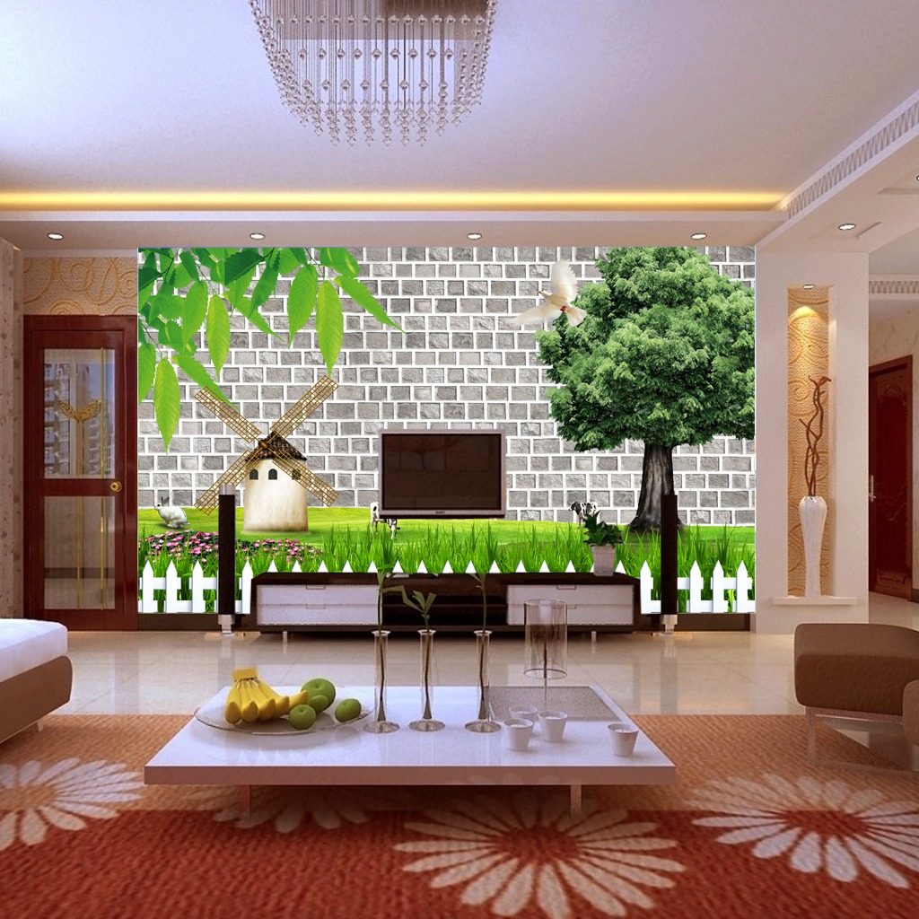 3D墙砖绿色草原大树美景电视背景墙模板模板