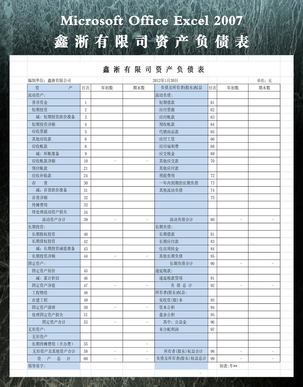 鑫淅有限司资产负债表模板下载(图片编号:122