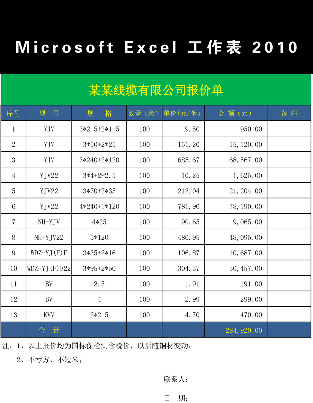 电线电缆报价单Excel模板模板下载(图片编号:1