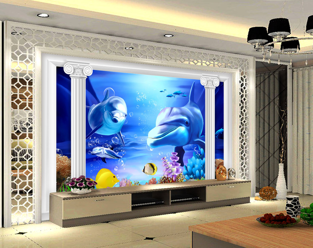 现代罗马柱3D立体海底世界电视背景墙模板下