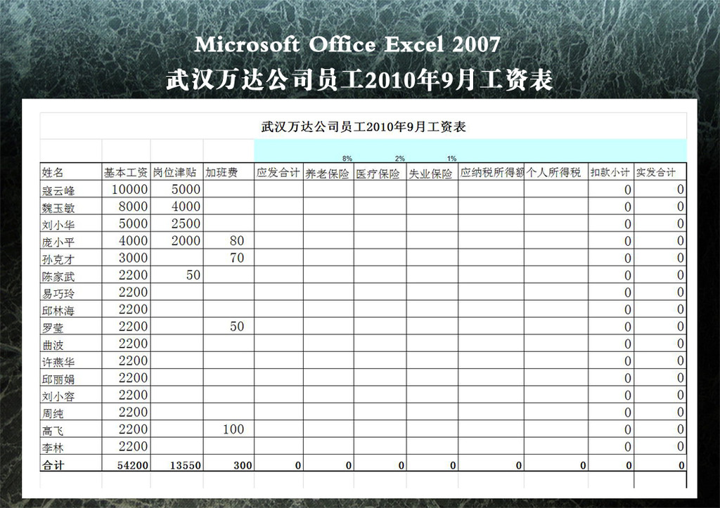 武汉万达公司员工2010年9月工资表模板下载(