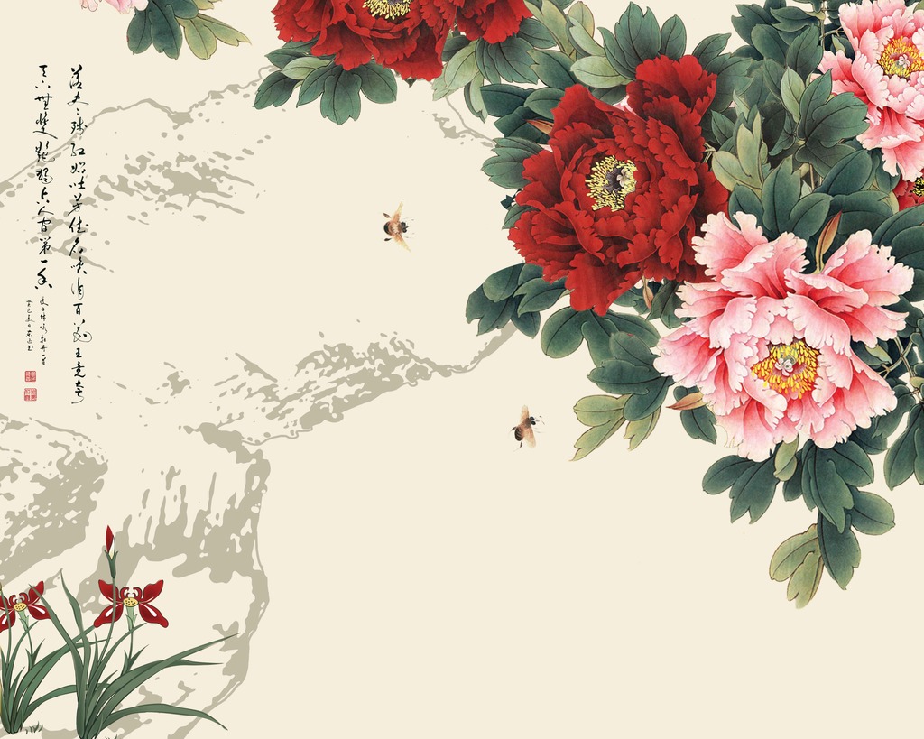 客厅中国风牡丹电视背景墙模板下载(图片编号