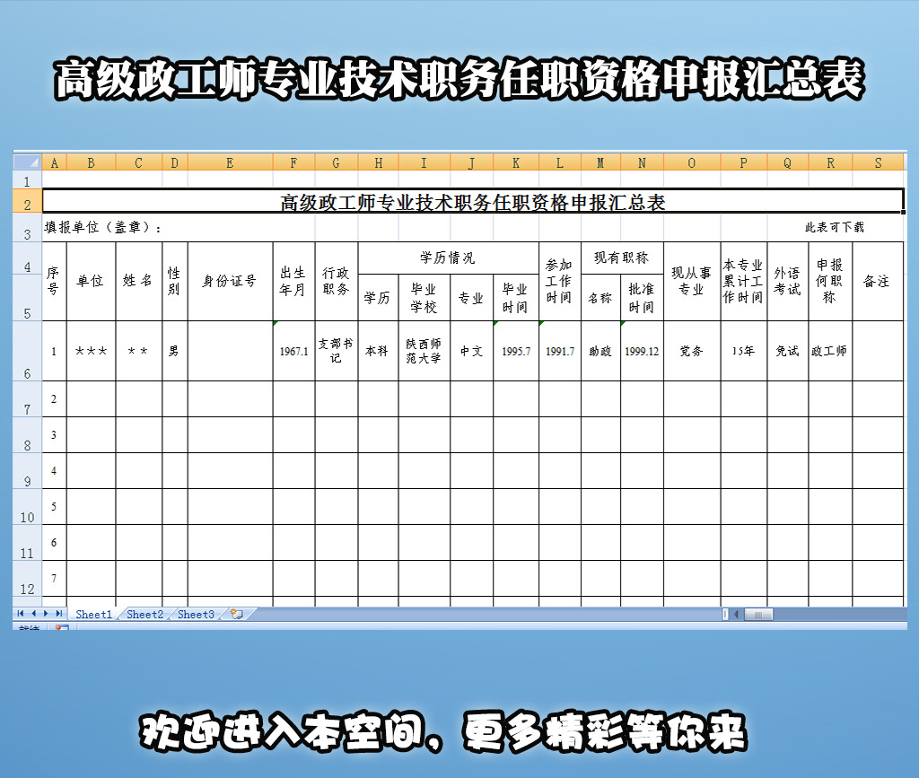 高级政工师专业技术职务任职资格申报汇总表模