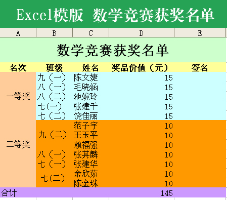 excel模版数学竞赛获奖名单模板下载(图片编号