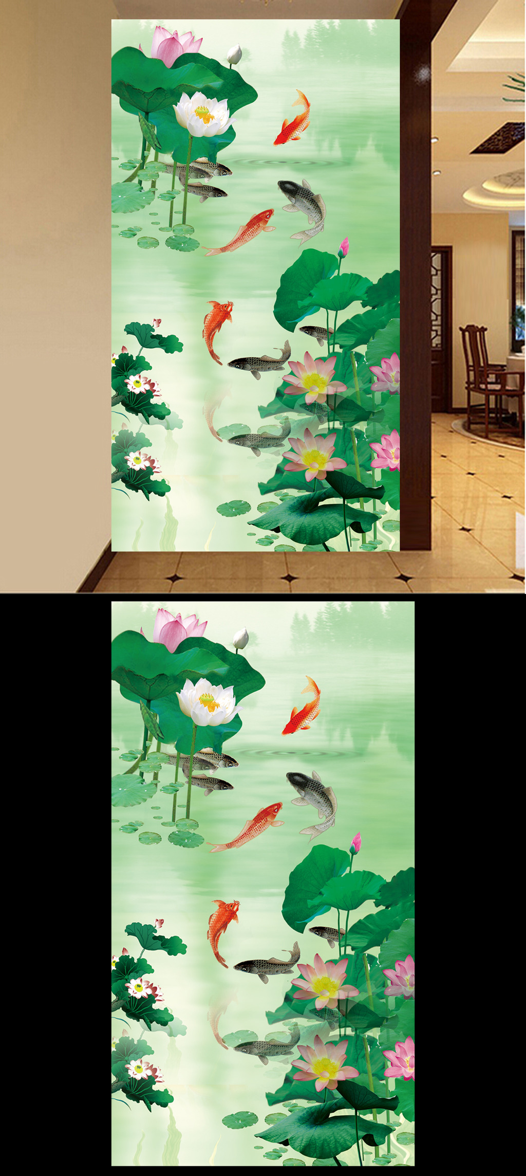 【本作品下载内容为:"九鱼图荷花玄关背景墙"模板,其他内容仅为参考,如需印刷成实物请先认真校稿,避免造成不必要的经济损失。】 【声明】未经权利人许可,任何人不得随意使用本网站的原创作品(含预览图),否则将按照我国著作权法的相关规定被要求承担最高达50万元人民币的赔偿责任。