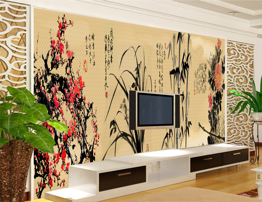 背景墙 电视/梅兰竹菊中式古典文化电视背景墙
