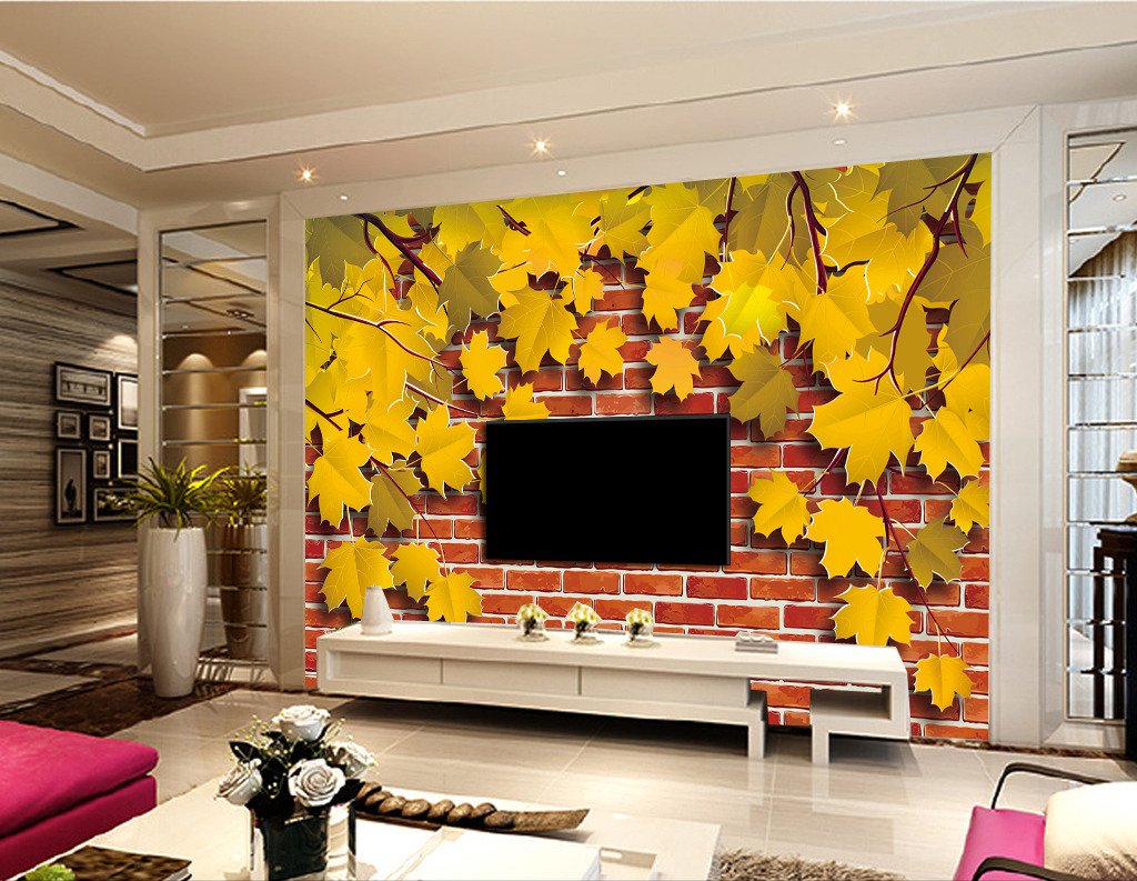 金色树叶砖墙时尚电视背景墙装饰画模板下载(