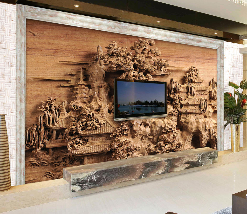 木雕壁画客厅电视背景墙模板下载(图片编号:1