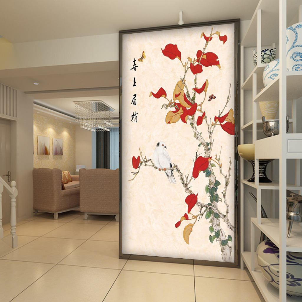 高清中国花鸟画玄关背景墙喜上眉梢模板下载(