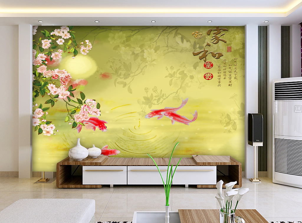 客厅电视背景墙 > 高清手绘花鸟客厅背景墙壁画