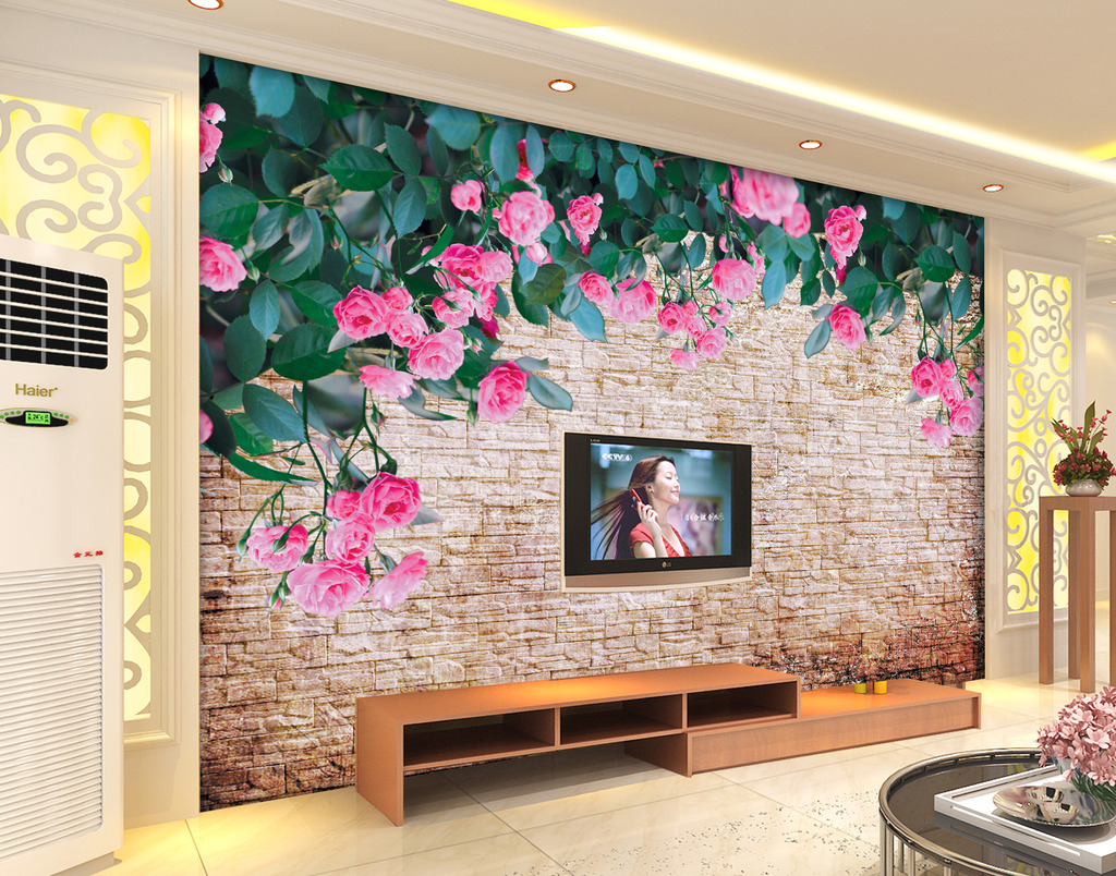 蔷薇花砖墙客厅电视背景墙模板下载(图片编号