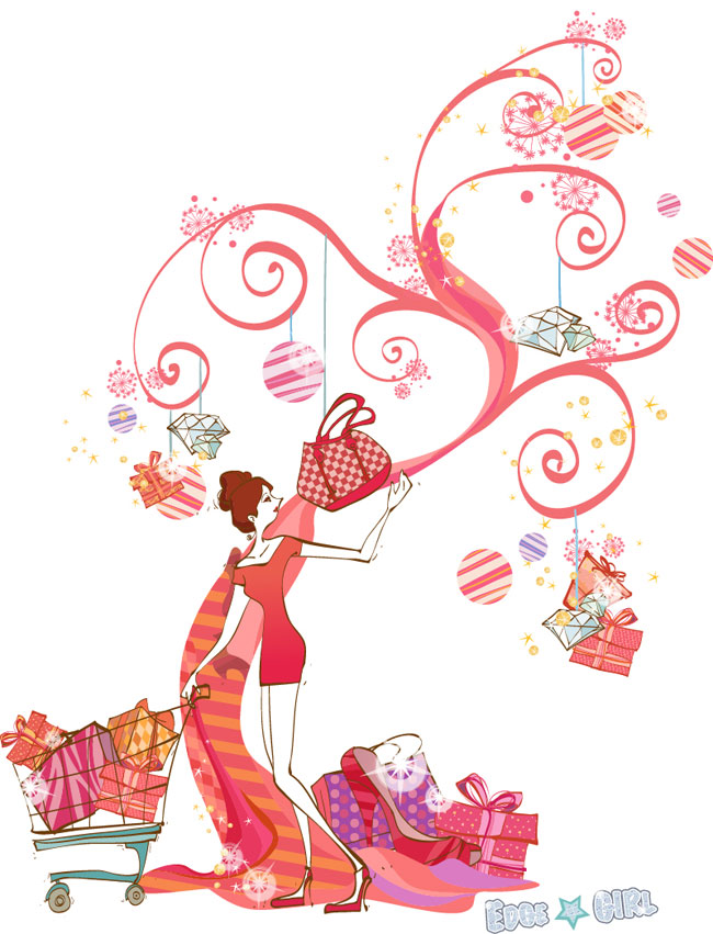 矢量时尚女孩插画素材粉红购物模板下载(图片