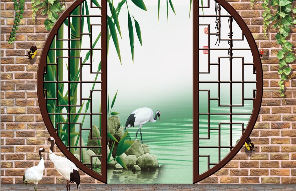 3d江南水乡中式园林电视背景墙高清图片下载