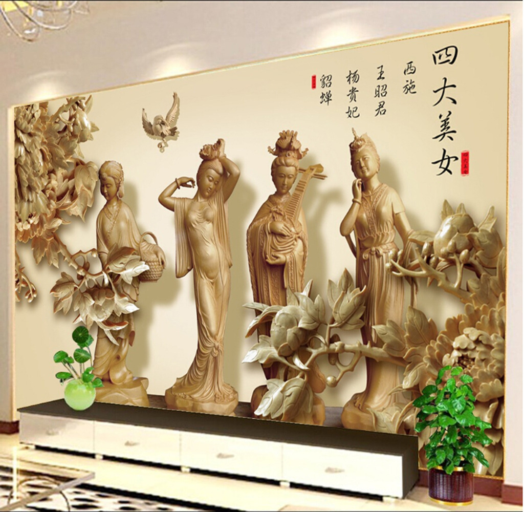 古代<em>四大美女</em>木雕<em>电视</em>背景墙高清图片下载(图