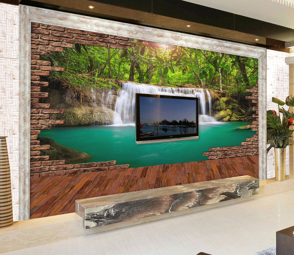 3D立体砖墙江山如画山水风景画电视背景墙高