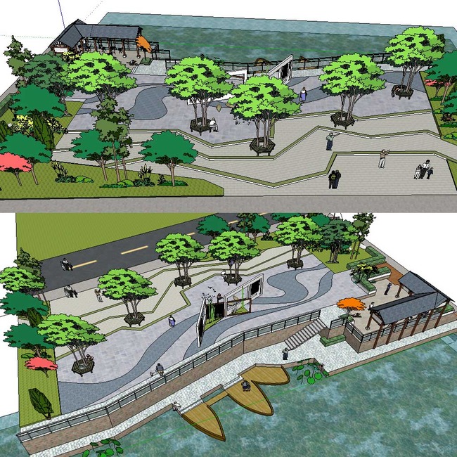 草图大师sketchup湖边广场景观模型模板下载(