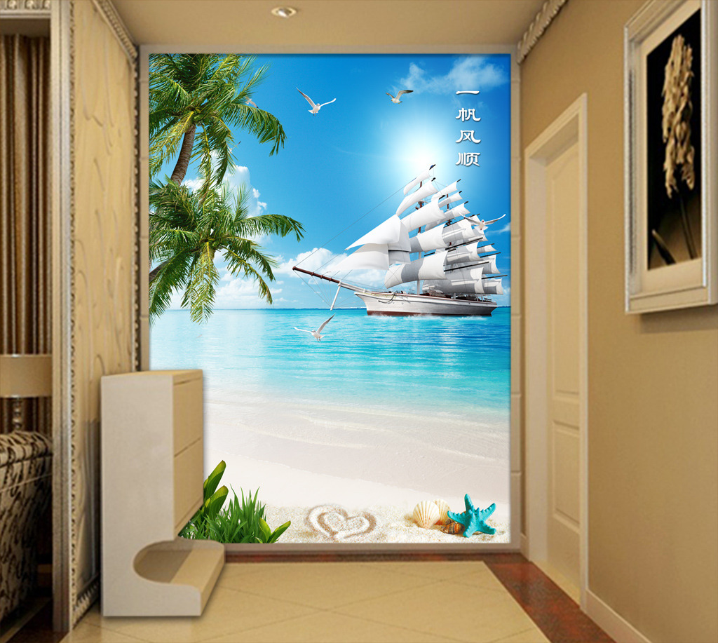 一帆风顺海鸥椰树沙滩帆船客厅玄关背景墙高清