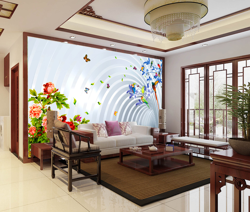 3D花开富贵移动延伸立体空间电视背景墙高清