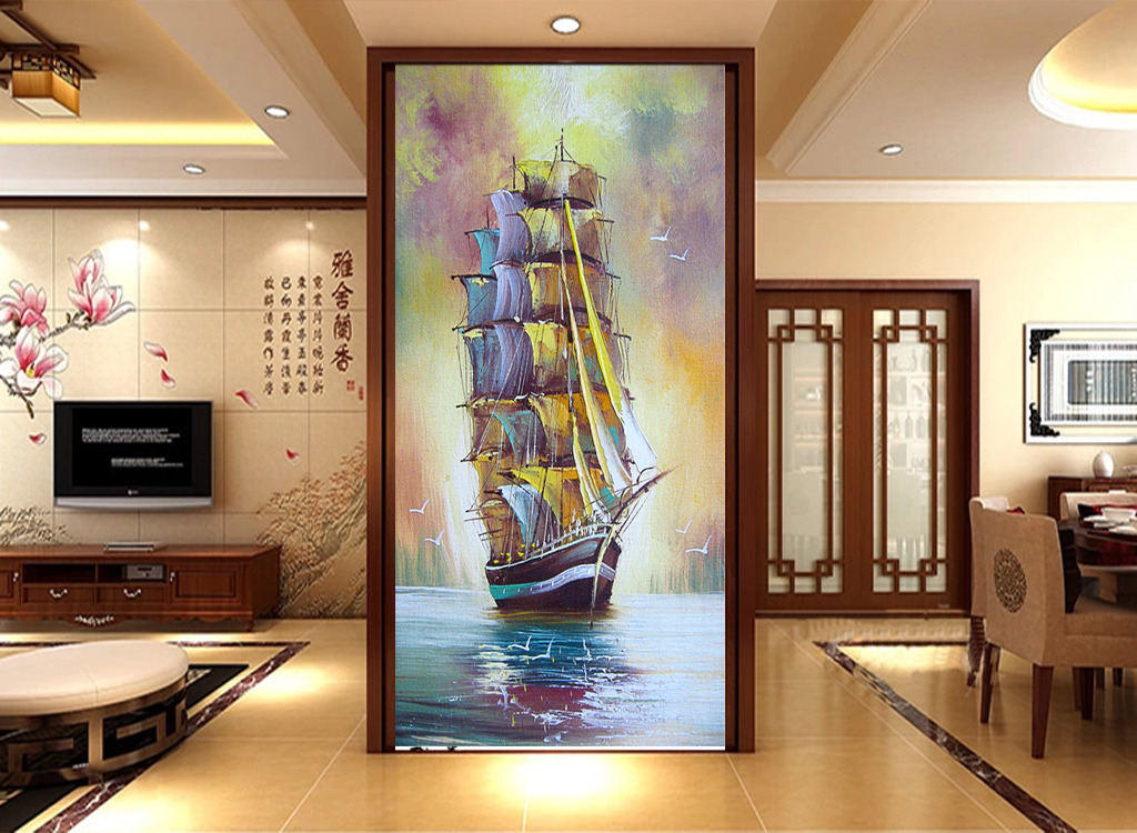 客厅电视背景墙瓷砖背景墙一帆风顺高清图片下