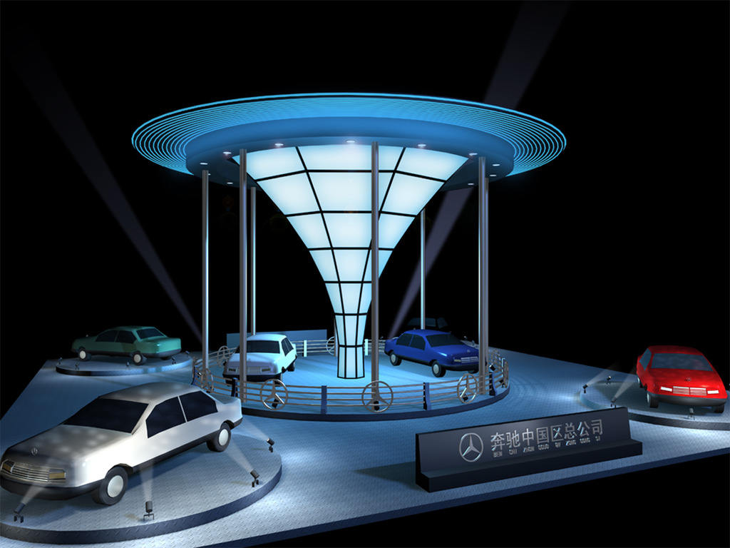 奔驰汽车展台展厅3D模型附PSD效果图模板下
