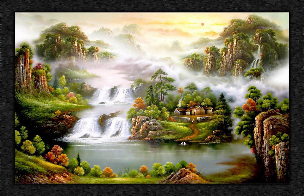精美欧式风格山水国画风景画电视背景墙图片