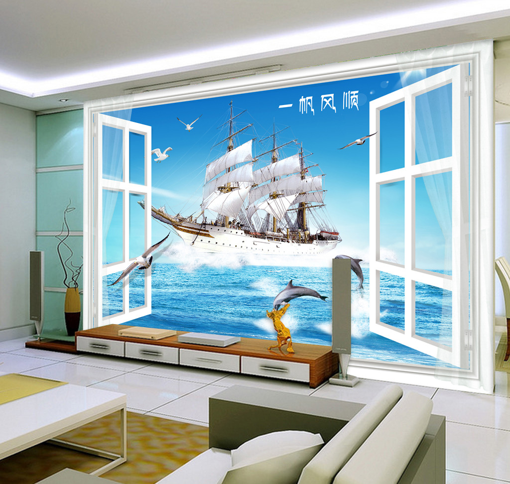 一帆风顺帆船鲨鱼客厅背景墙高清图片下载(图