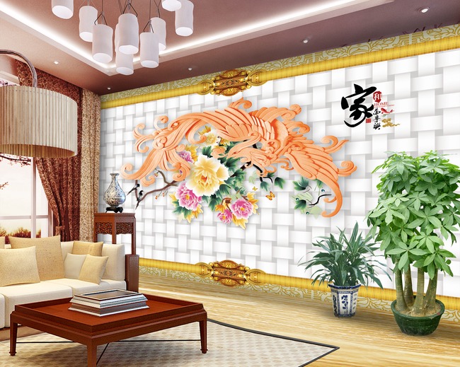 凤凰牡丹图背景墙装饰画高清图片下载(图片编