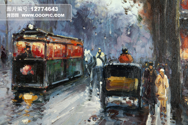 油画印象派都市景色街景雨天行人装饰素材图片