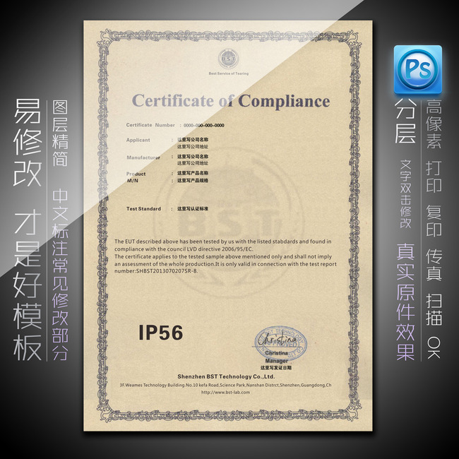 BST认证IP56防水等级证书模板下载(图片编号