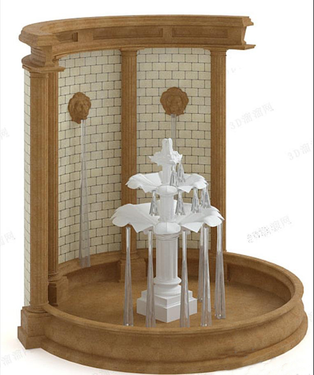 欧式喷泉形象墙水池3D模型背景墙模板下载(图