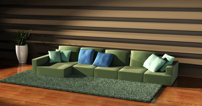 现代简约风格客厅绿色组合沙发地垫3D模型模