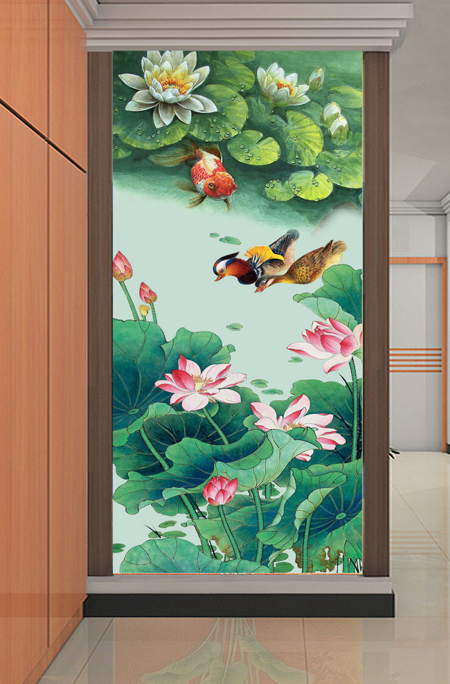 国画荷花工笔画鸳鸯戏水金鱼浮萍玄关高清图片