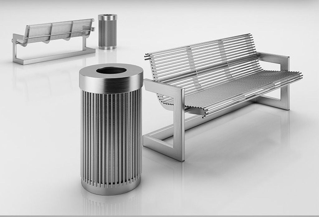 不锈钢垃圾桶和商场座椅3D模型+贴图模板下载