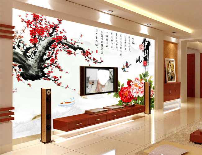 中国风梅花牡丹国色天香时尚电视背景墙高清图
