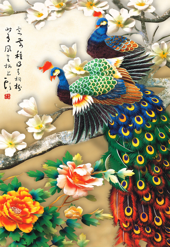 孔雀凤凰牡丹玄关装饰画高清图片下载(图片编
