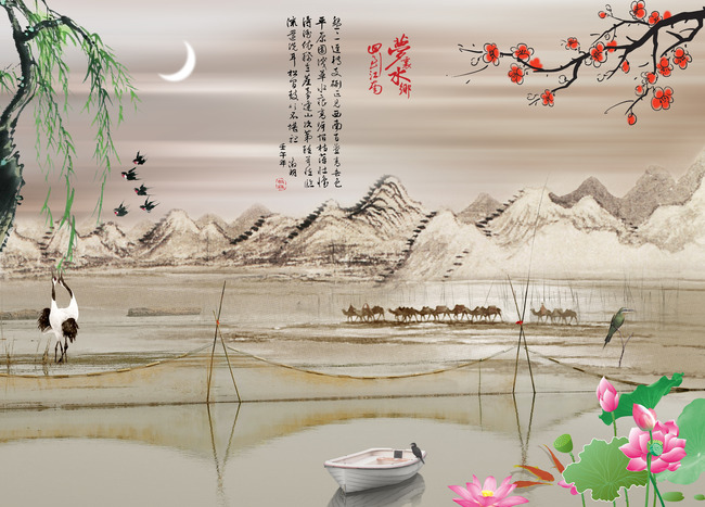 背景墙|装饰画 山水风景画 工笔山水画 > 高雅河山月下水面小鸟白鹤图片