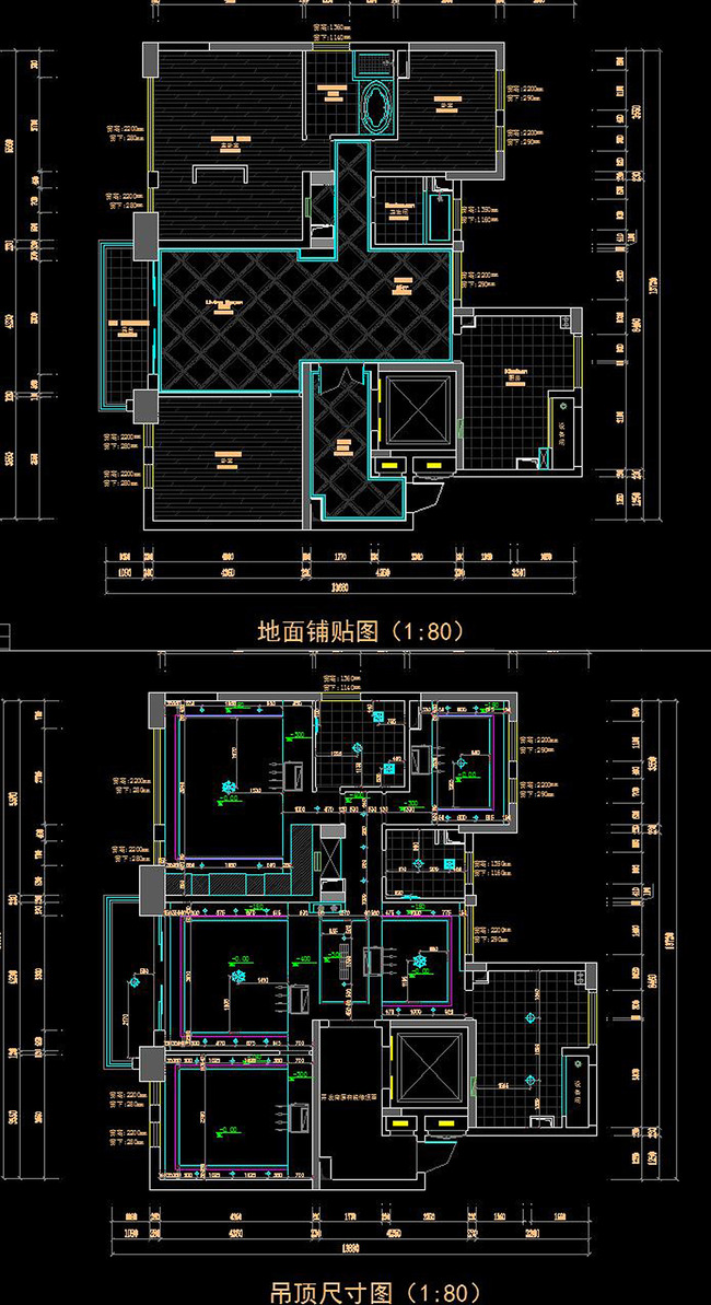 cad中式三层别墅施工图天花图欧式模板下载
