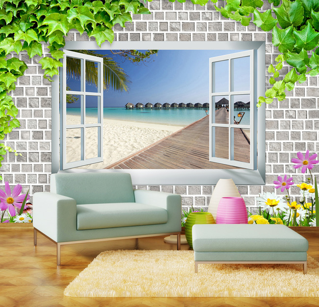 3D海边风景时尚电视背景墙高清图片下载(图片