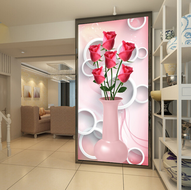 3D梦幻玫瑰花瓶玄关背景墙高清图片下载(图片