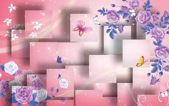 紫色玫瑰蝴蝶梦幻3D电视背景墙高清图片下载