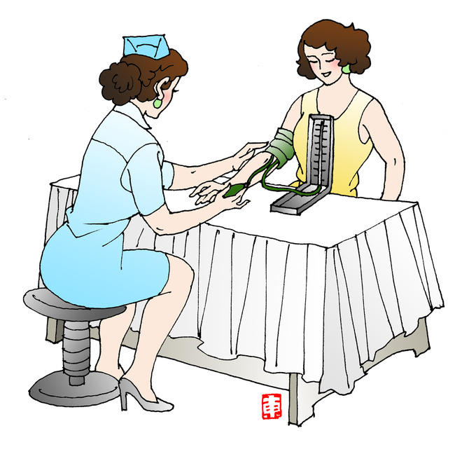 线描人物插图测量血压的美女与护士2144模板