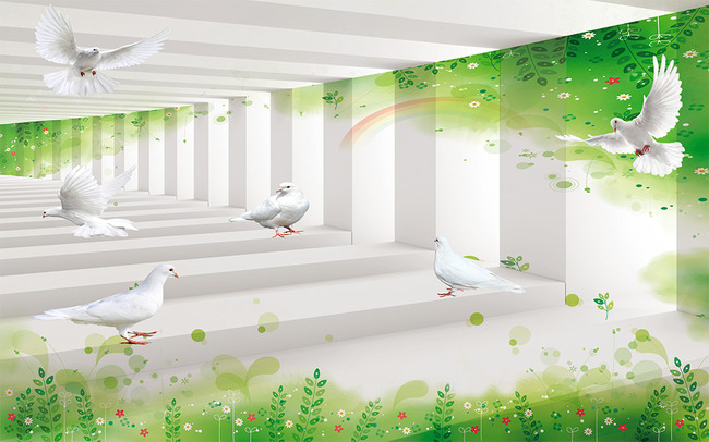 绿叶鸽子走廊花草3D电视背景墙高清图片下载