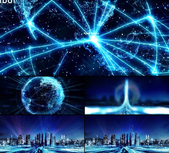 蓝色线条虚拟地球穿梭到粒子流汇聚城市模板下