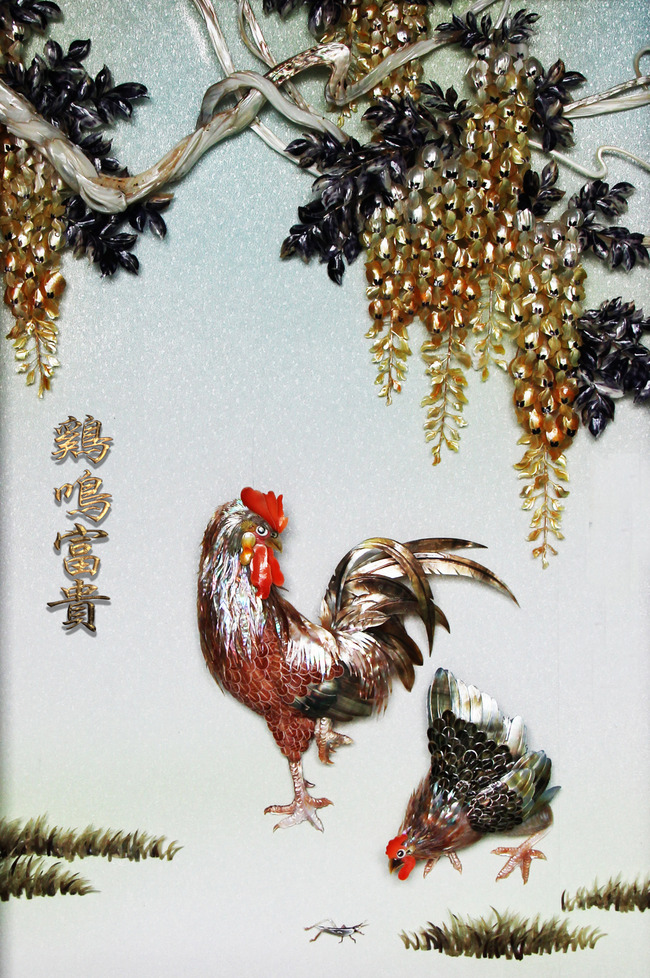 玉雕彩雕立体画大公鸡鸡鸣富贵图玄关高清图片
