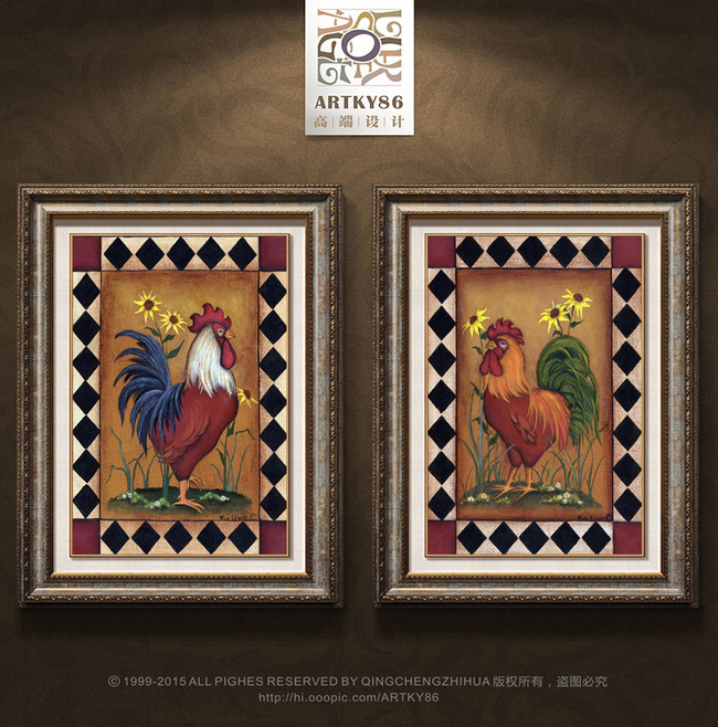 美克美家黑方块花纹彩色大公鸡向日葵装饰画高