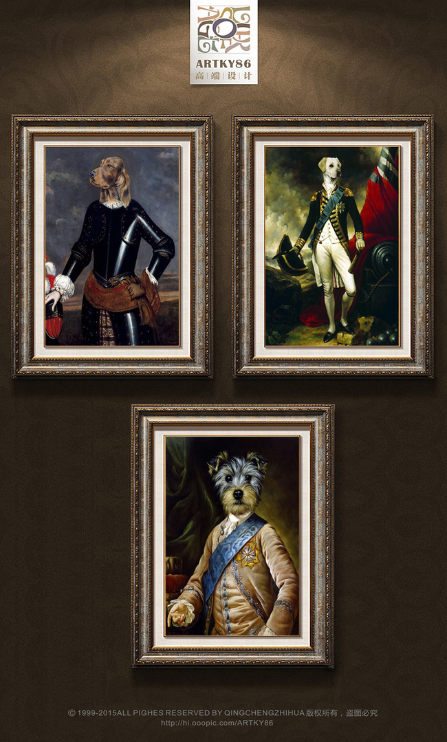 可爱卡通小狗穿衣服诠释名人油画装饰画高清图