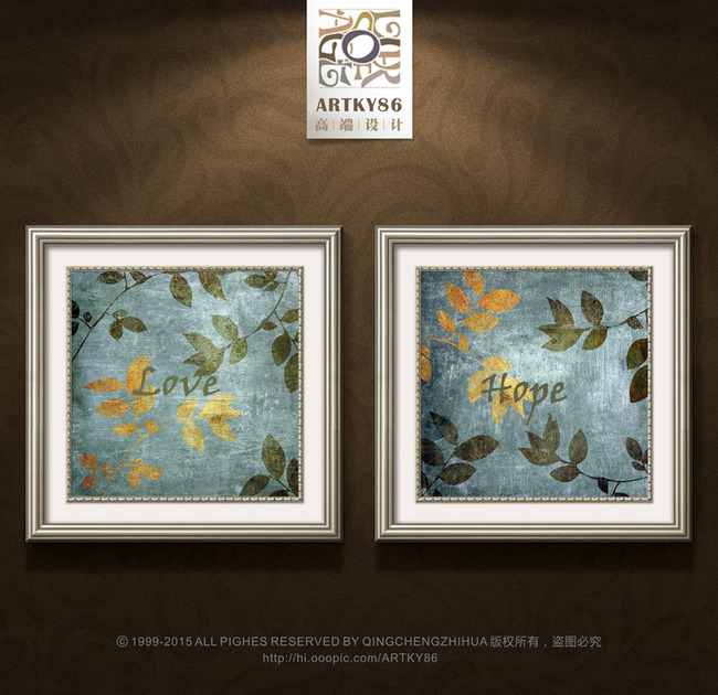 欧式复古花纹木版画叶子英文油画装饰画高清图