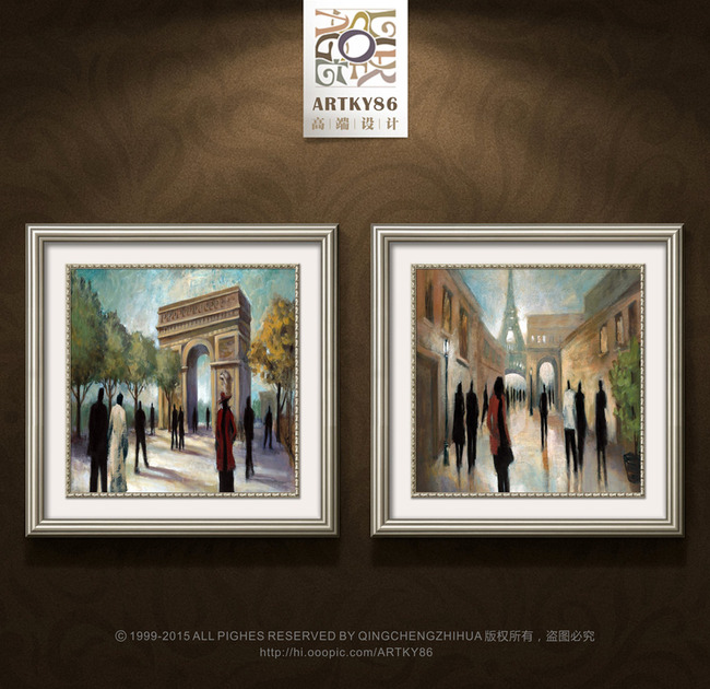 复古街景建筑人物人群逛街油画装饰画图片下载欧美图片
