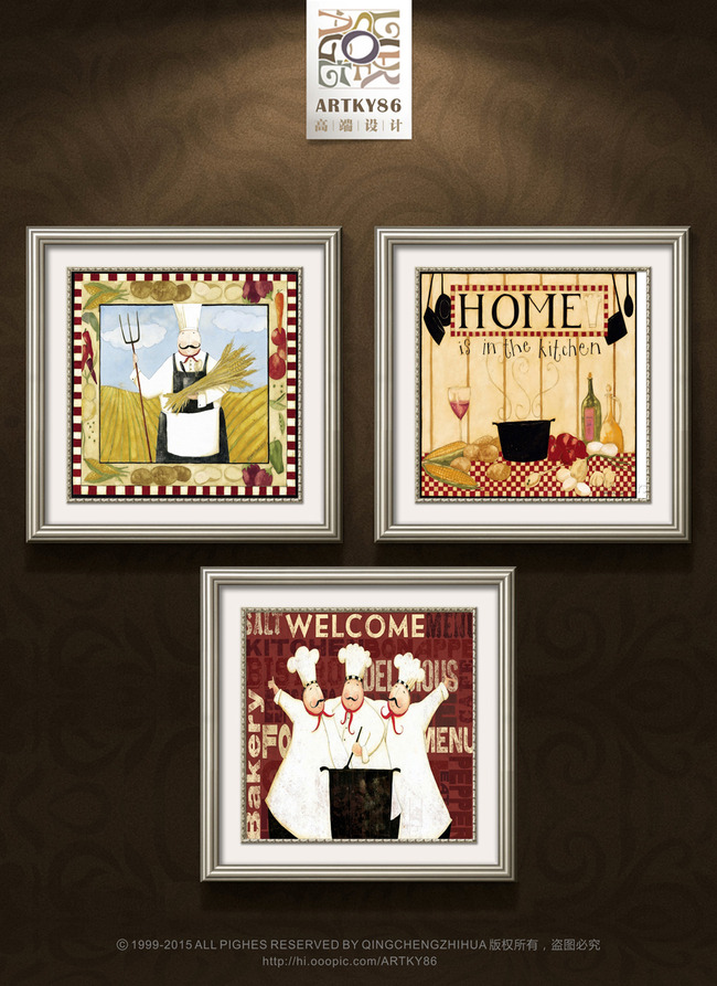 欧式复古花纹厨房厨师胖厨师红酒英文装饰画高